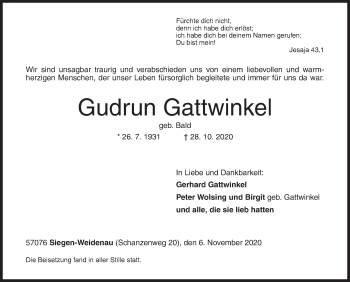 Traueranzeige von Gudrun Gattwinkel von Siegener Zeitung