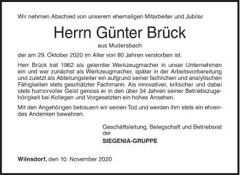 Traueranzeige von Günter Brück von Siegener Zeitung