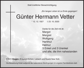 Traueranzeige von Günter Hermann Vetter von Siegener Zeitung