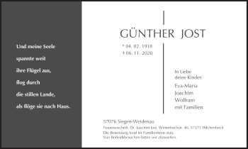 Traueranzeige von Günther Jost von Siegener Zeitung