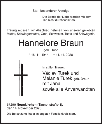 Traueranzeige von Hannelore Braun von Siegener Zeitung
