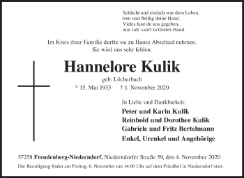 Traueranzeige von Hannelore Kulik von Siegener Zeitung