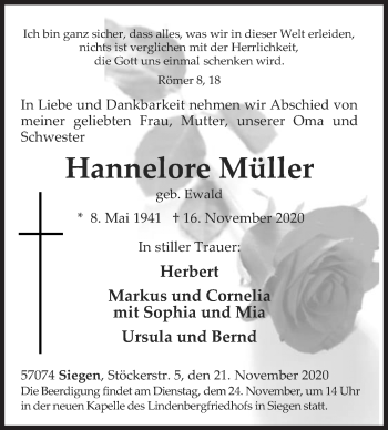 Traueranzeige von Hannelore Müller von Siegener Zeitung