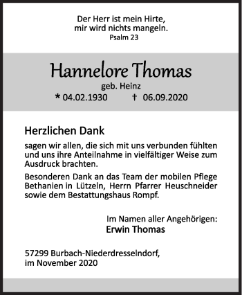 Traueranzeige von Hannelore Thomas von Siegener Zeitung