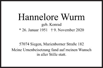 Traueranzeige von Hannelore Wurm von Siegener Zeitung