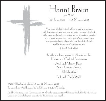 Traueranzeige von Hanni Braun von Siegener Zeitung
