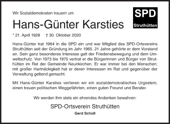 Traueranzeige von Hans-Günter Karsties von Siegener Zeitung