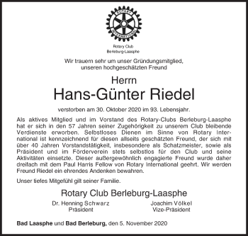Traueranzeige von Hans-Günter Riedel von Siegener Zeitung