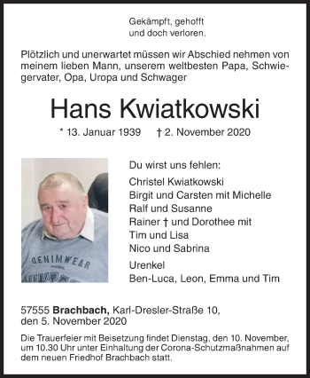 Traueranzeige von Hans Kwiatkowski von Siegener Zeitung