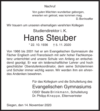Traueranzeige von Hans Steuber von Siegener Zeitung