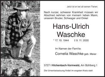 Traueranzeige von Hans-Ulrich Waschke von Siegener Zeitung