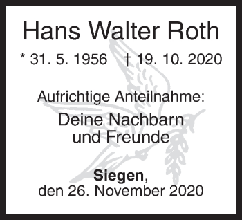 Traueranzeige von Hans Walter Roth von Siegener Zeitung