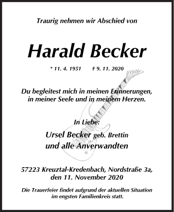 Traueranzeige von Harald Becker von Siegener Zeitung