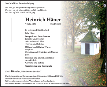 Traueranzeige von Heinrich Häner von Siegener Zeitung