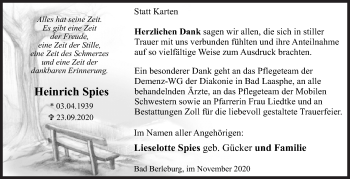 Traueranzeige von Heinrich Spies von Siegener Zeitung