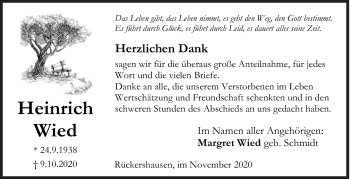 Traueranzeige von Heinrich Wied von Siegener Zeitung