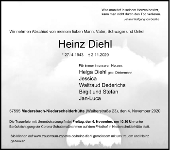 Traueranzeige von Heinz Diehl von Siegener Zeitung