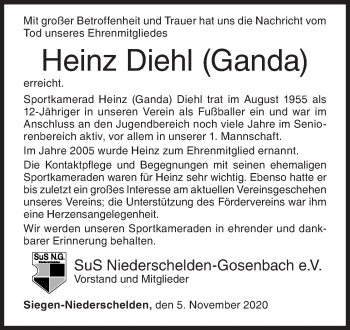 Traueranzeige von Heinz Diehl von Siegener Zeitung
