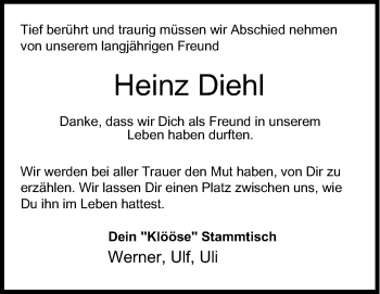Traueranzeige von Heinz Diehl von Siegener Zeitung
