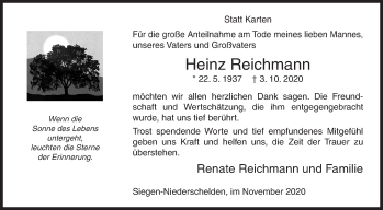 Traueranzeige von Heinz Reichmann von Siegener Zeitung