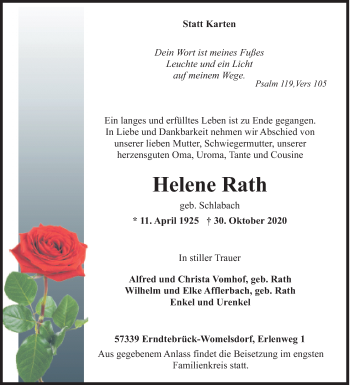 Traueranzeige von Helene Rath von Siegener Zeitung