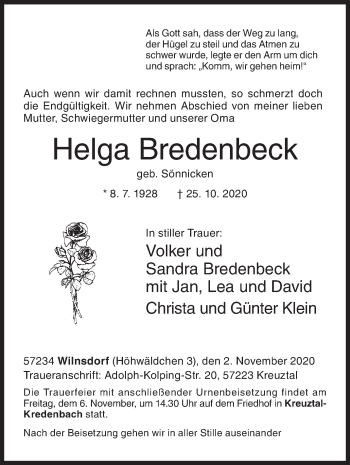 Traueranzeige von Helga Bredenbeck von Siegener Zeitung
