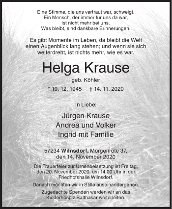 Traueranzeige von Helga Krause von Siegener Zeitung