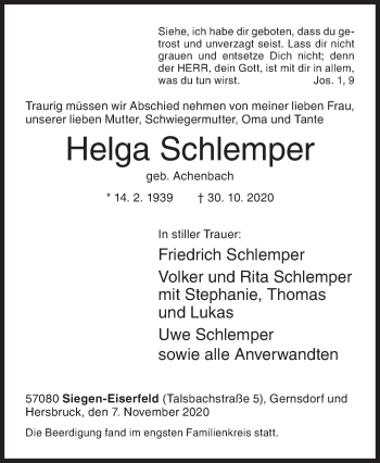 Traueranzeige von Helga Schlemper von Siegener Zeitung