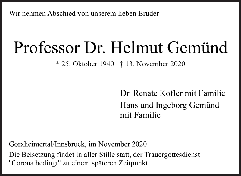  Traueranzeige für Helmut Gemünd vom 21.11.2020 aus Siegener Zeitung