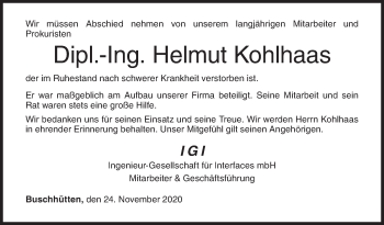 Traueranzeige von Helmut Kohlhaas von Siegener Zeitung