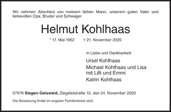 Traueranzeige von Helmut Kohlhaas von Siegener Zeitung