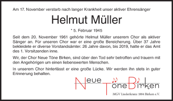 Traueranzeige von Helmut Müller von Siegener Zeitung