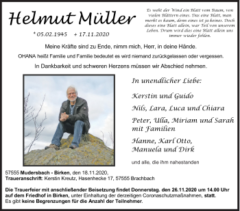 Traueranzeige von Helmut Müller von Siegener Zeitung