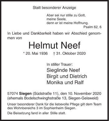 Traueranzeige von Helmut Neef von Siegener Zeitung
