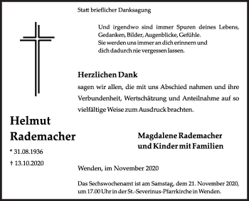 Traueranzeige von Helmut Rademacher von Siegener Zeitung