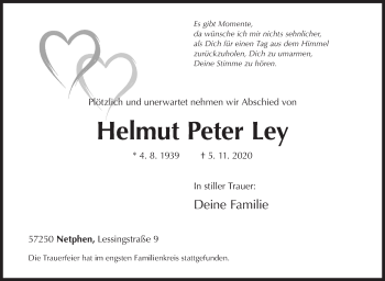 Traueranzeige von Helmut Peter Ley von Siegener Zeitung