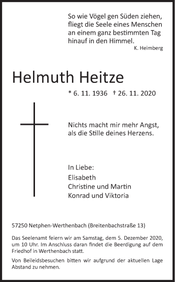Traueranzeige von Helmuth Heitze von Siegener Zeitung