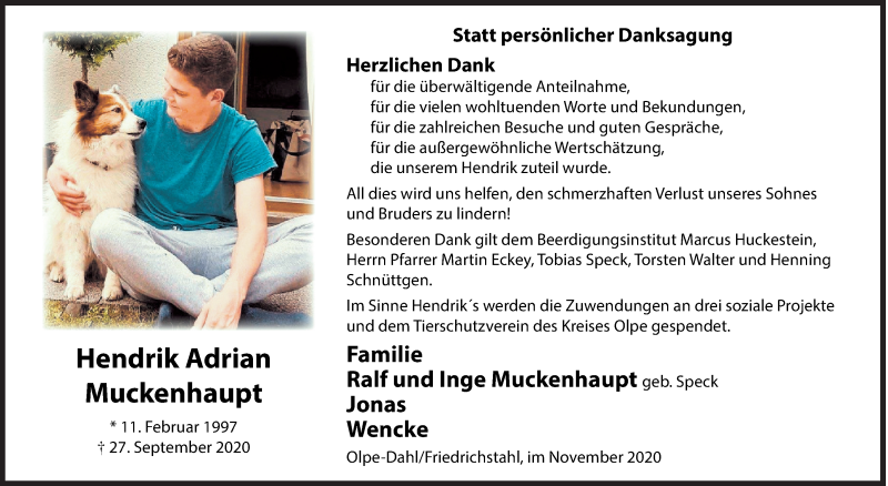  Traueranzeige für Hendrik Adrian Muckenhaupt vom 07.11.2020 aus Siegener Zeitung