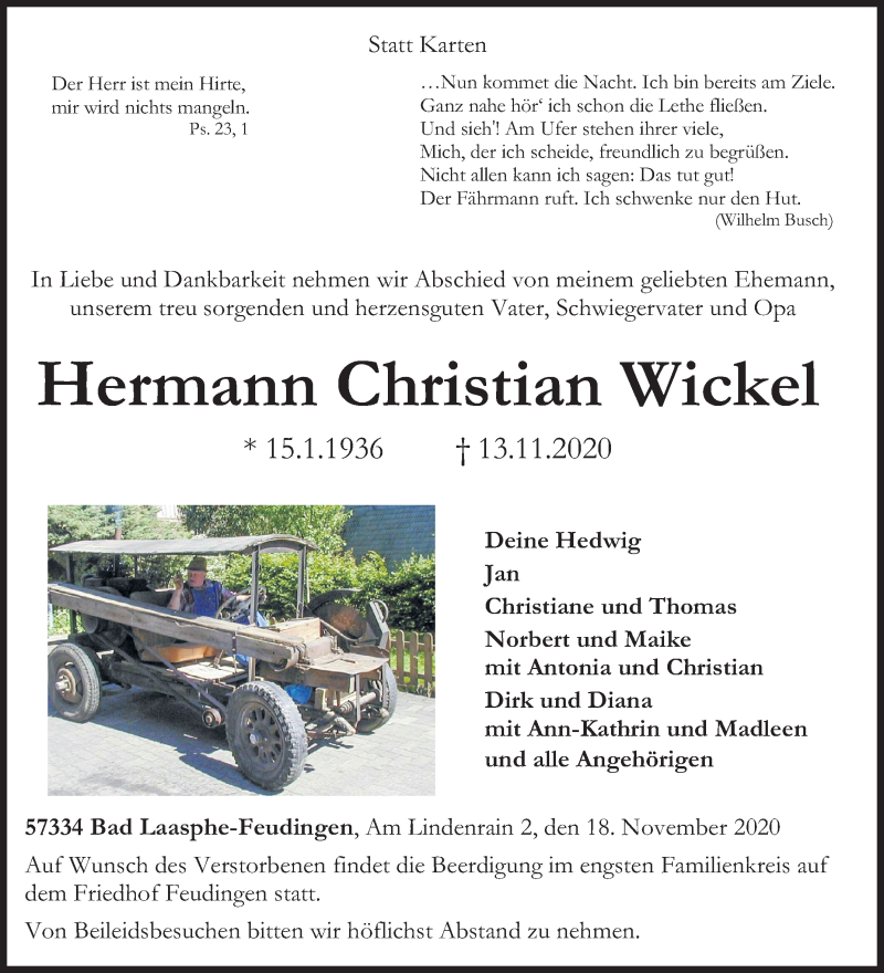  Traueranzeige für Hermann Christian Wickel vom 18.11.2020 aus Siegener Zeitung