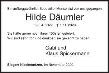 Traueranzeige von Hilde Däumler von Siegener Zeitung