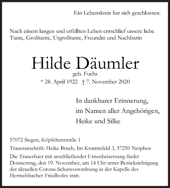 Traueranzeige von Hilde Däumler von Siegener Zeitung