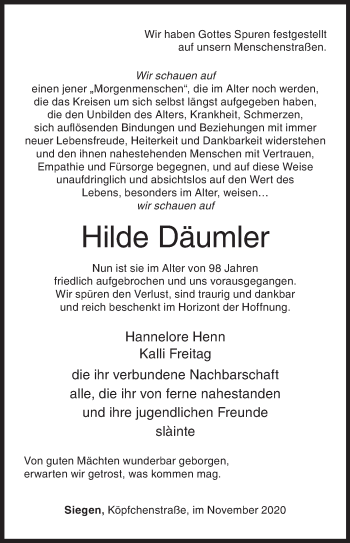 Traueranzeige von Hilde Däumler von Siegener Zeitung