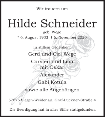 Traueranzeige von Hilde Schneider von Siegener Zeitung