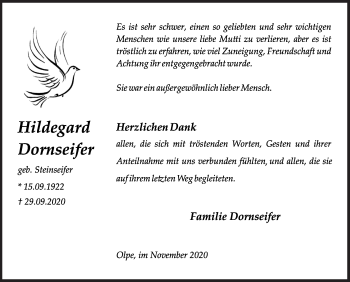 Traueranzeige von Hildegard Dornseifer von Siegener Zeitung