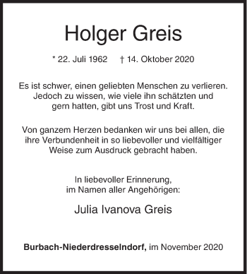 Traueranzeige von Holger Greis von Siegener Zeitung