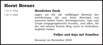 Traueranzeige von Horst Breuer von Siegener Zeitung