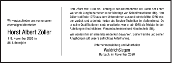 Traueranzeige von Horst Albert Zöller von Siegener Zeitung