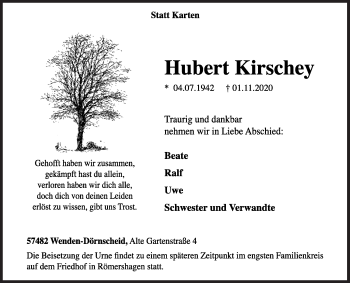 Traueranzeige von Hubert Kirschey von Siegener Zeitung