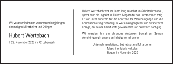 Traueranzeige von Hubert Wertebach von Siegener Zeitung