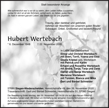 Traueranzeige von Hubert Wertebach von Siegener Zeitung